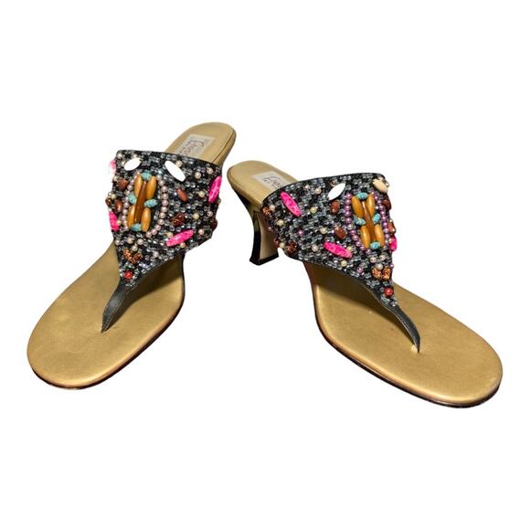 Fresco by Pierre Black Beaded Miami Thong Heels 9.5 - Picture 1 of 6